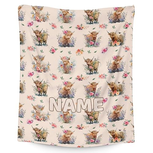Mercuryelf Custom Highland Cow Throw Blanket - Soft, Fuzzy & Warm - 60x80 Inches Flannel Blankets for Bed, Couch - Beige Cute Throws Gift for Adults