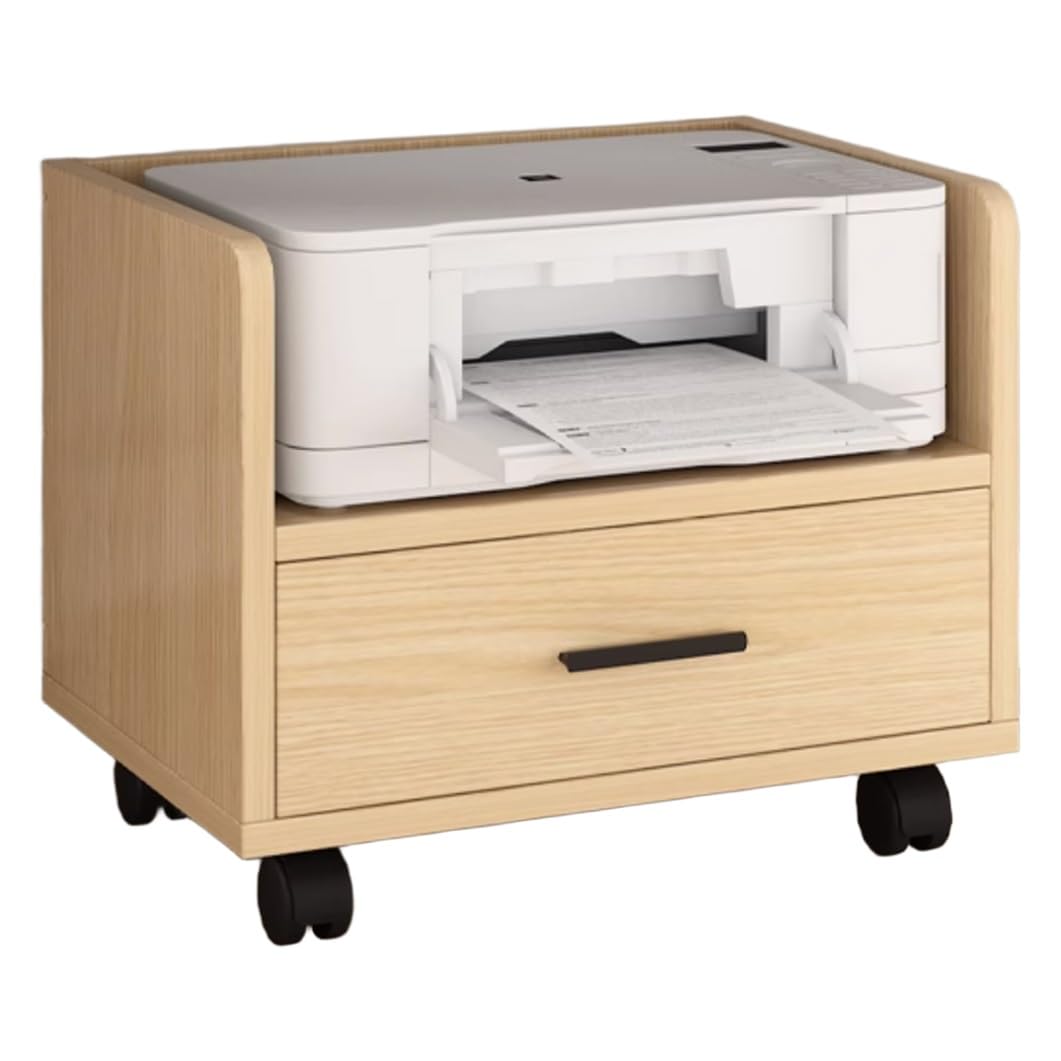 Mobiler Druckerständer mit Schublade, rollbarer Druckerwagen unter dem Schreibtisch, Robustes multifunktionales Druckerregal für Büro und Zuhause (Eiche, 53 x 40 x 45 cm)