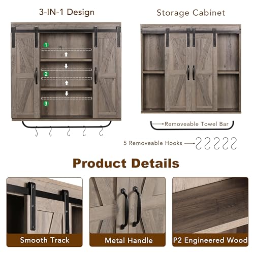 Image of RUSTOWN Farmhouse Bathroom Wall Cabinet with Sliding Barn Door & Towel Rack