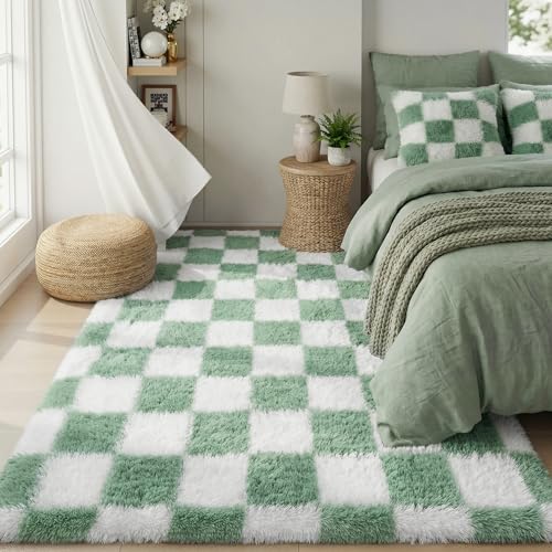 Image of KICMOR Rugs for Bedroom Living Room, 3x5 Fluffy Soft Checkered Shag Area Rug Fuzzy Shaggy Plush Bedside Small Carpet, Sage Green and White Rug for Kids Boys Girls Dorm Nursery Home Decor Aesthetic