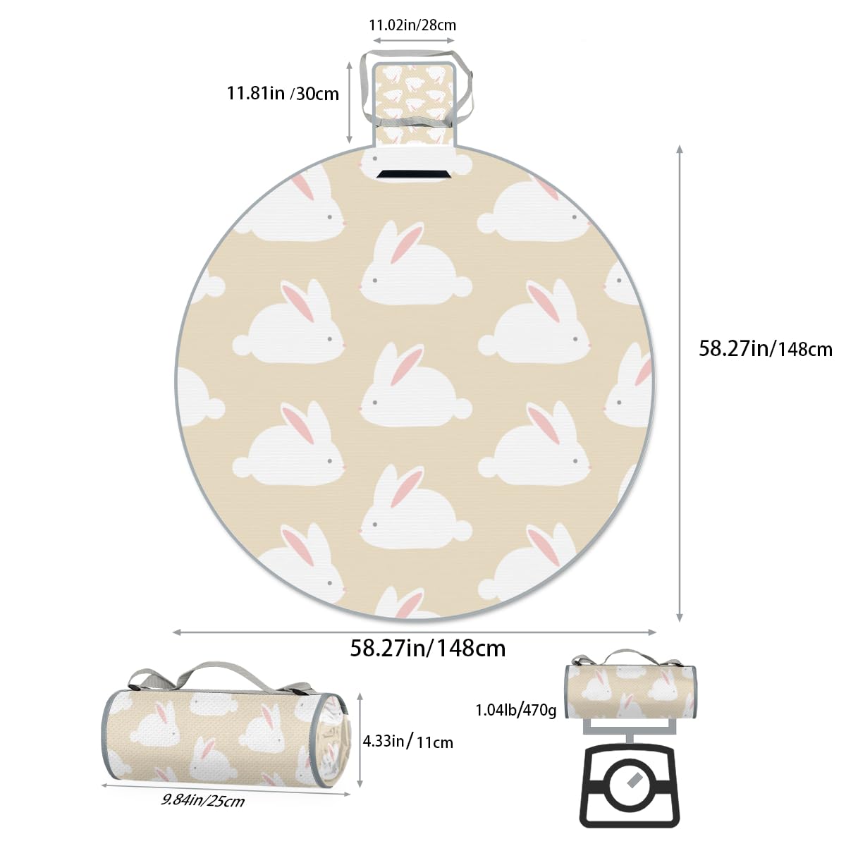 Shimoshe Cute Bunny Picnic Outdoor Blanket Foldable Waterproof Sandproof Beach Blanket Portable Water-Resistant Round Picnic Mat for Travel Camping Park Lawn
