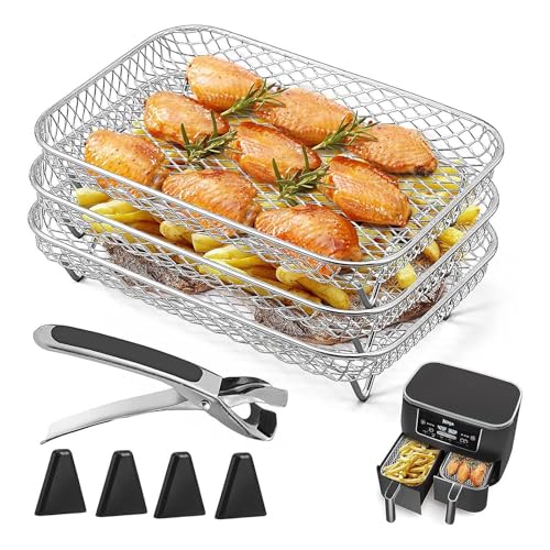 Freidora de aire Estante multicapa, Bandeja para freidora de aire - Rejilla rectangular para freidora de aire de acero inoxidable,Accesorios para freidoras, 3 capas con pies de silicona para