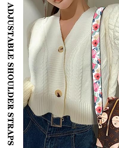 Image of Purse Straps Rose Gold Buckles Wide Shoulder Strap,Fashion Adjustable Replacement Belt for Crossbody Canvas Bag Handbag(Pink Green Flower)