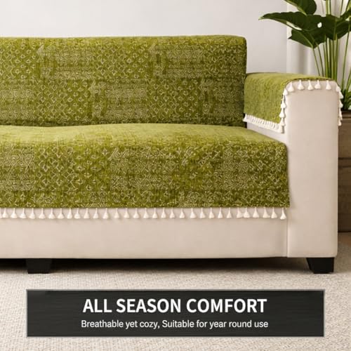 Image of STITCHNEST Woven Fabric Sofa Cover 2 Seater with 2 Hand Rest Covers - Washable Green Sofa Cover with Tassels - Durable Premium Fabric - Stylish Sofa Protector for Living Room & Furniture Decor22