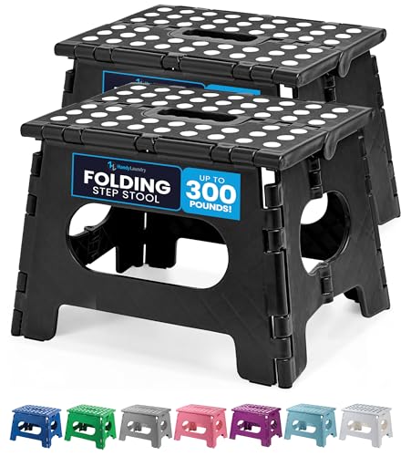 Handy Laundry Folding Lightweight Step Stool - Sturdy Enough to Support Adults and Safe Enough for Kids - Opens Easy with One Flip - Great for Kitchen, Bathroom or Bedroom (Black | 2-Pack)
