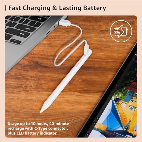 Image of Amazon Basics Stylus Pencil Only for iPad Models (2018-2024) with Angle Tilt Sensitivity, Palm Rejection, Up to 9 Hrs Playtime, Magnetic Attachment, Battery LED Indicator, 4 Lights (White)