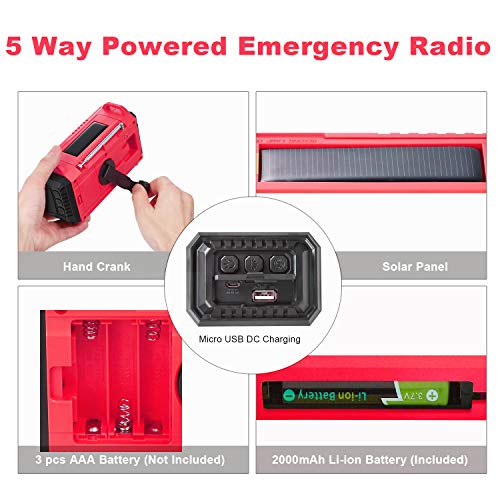 Solar Hand Crank Portable NOAA Weather Alert Radio,5-Way Powered AM/FM/SW Emergency Radio for Household&Outdoor,2500mAh Battery Power Bank USB Charger,LED Flashlight/Camping Lantern,SOS Alarm&Compass