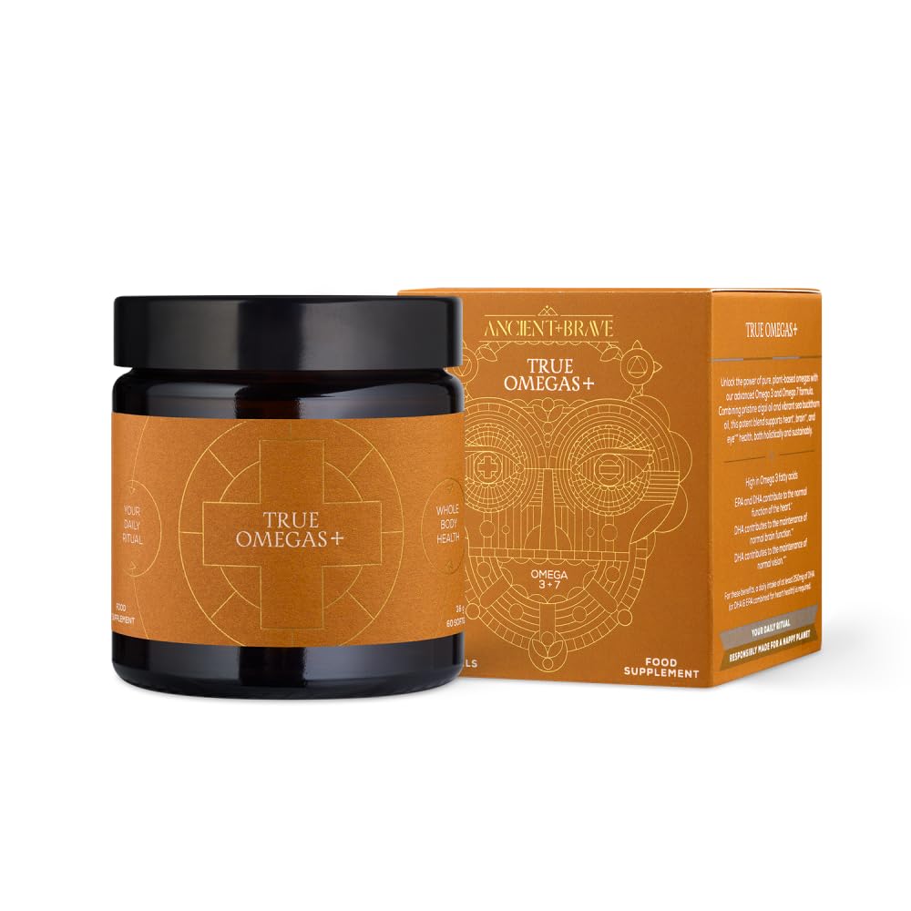 Ancient + Brave True Omegas+ 60 Capsule di Omega 3 e Omega 7 Vegane - Integratore alimentare con acidi grassi essenziali di origine vegetale per pelle, cuore e occhi.