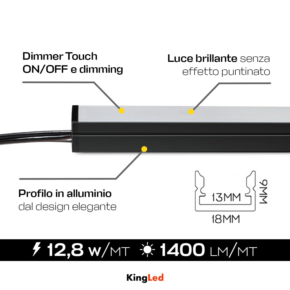 Barretta Led su misura con dimmer touch per sottopensili - Colore Nero - Personalizzabile da 30cm a 200cm con luminosità regolabile (150 cm, Luce Naturale 4000K)
