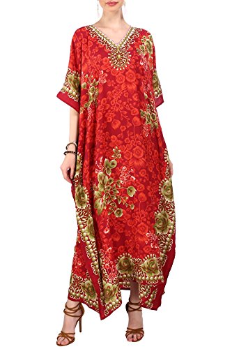 Miss Lavish London Frauen Damen Kaftan Tunika Kimono freie Größe Lange Maxi Party Kleid für Loungewear Urlaub Nachtwäsche Strand jeden Tag Kleider Rot EU 46-50