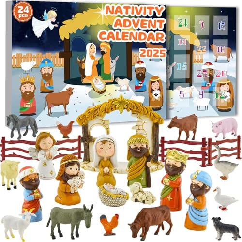 Weihnachtskrippe Adventskalender 18 Adventskalender 2025 Weihnachtskrippe - 24 Figuren Set für Kinder,...