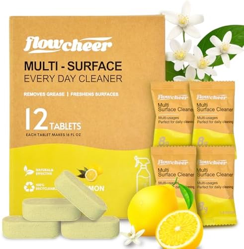 Flowcheer All Purpose Cleaner Concentrate Refills, Multi Surface Clean Refill,No Toxic Cleaning Tablets(12Pack)-Makes 192 fl oz(12x16Fl oz)Bottles of Spray Cleaner for Household&Kitchen Cleaning-Lemon