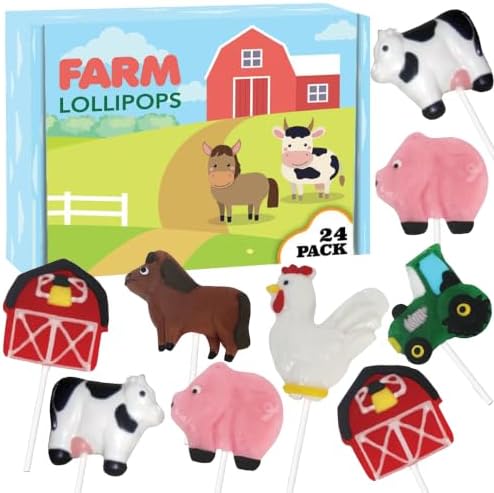 Farm Candy Lollipops - 24 Individually Wrapped Suckers Bulk - Cute Farm Animal Party Favors - Barn, Tractor, Horse, Cow, Chicken, Pig - Barnyard Candy Bags for Birthday Party