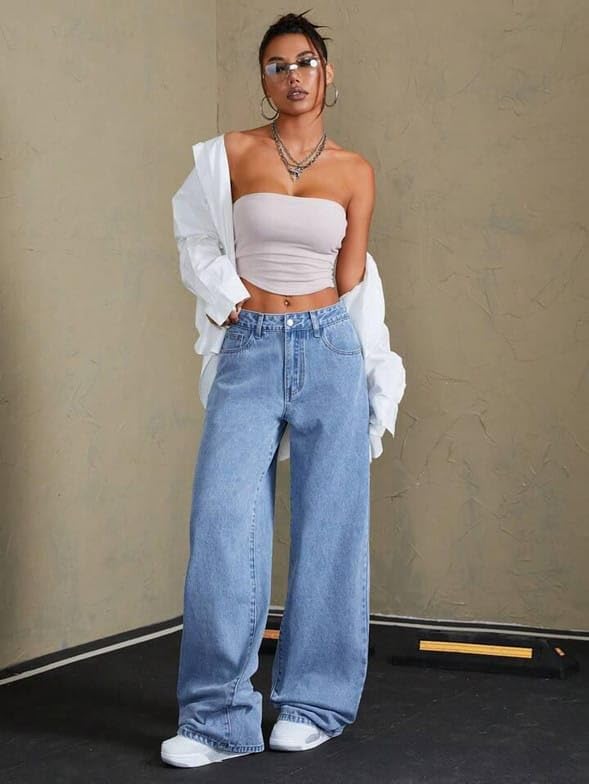 Women’s Wide Leg Denim Jeans | High Waist Full Length Casual Jeans-image-20