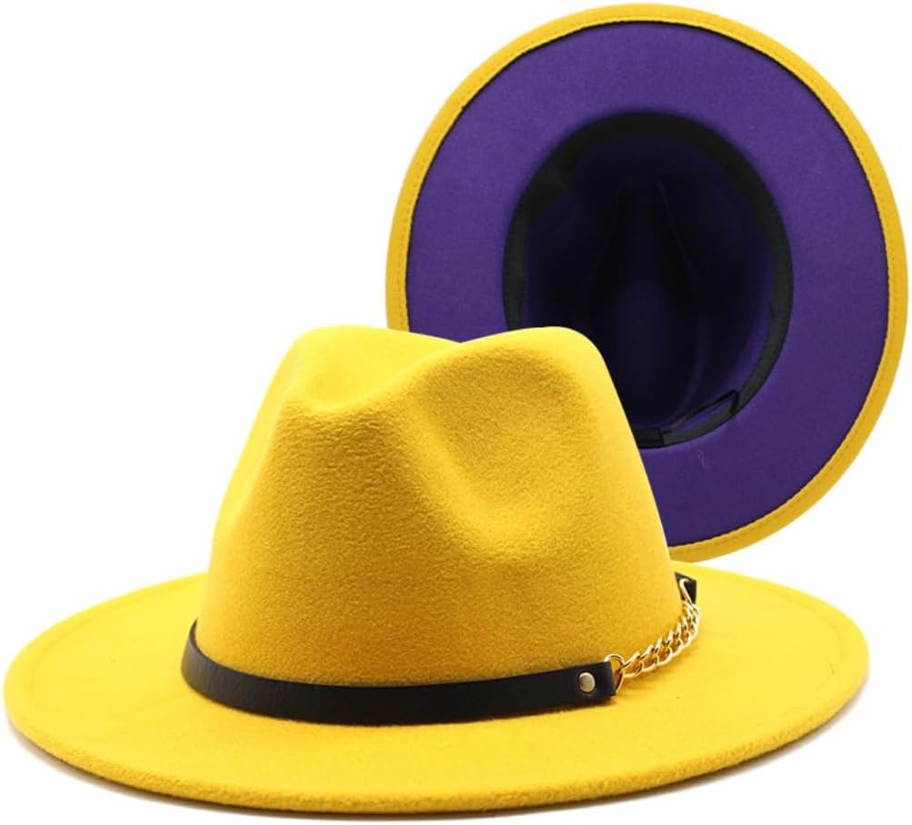 Wide Brim Fedora Hat with Red Interior, White, Black Band with Gold Chain