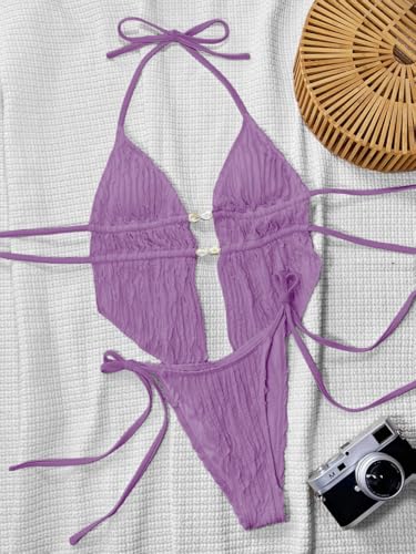 Image of RoseSeek Women's 2 Piece Boho Polka Dots Beaded Bikini Sets Sexy Swimsuits | Halter Swimsuits, Backless, Textured, Tie Side, Tankini Set, Bathing Suits, Summer, Vacation