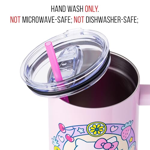 Image of Silver Buffalo Sanrio Hello Kitty Summer Kawaii Fruits Double Walled Stainless Steel Tumbler with Handle, Fits in Standard Cup Holder, 40 Ounces