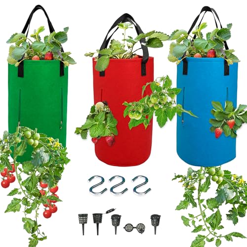 3 Piece Upside Down Tomato & Strawberry Planter Set -...
