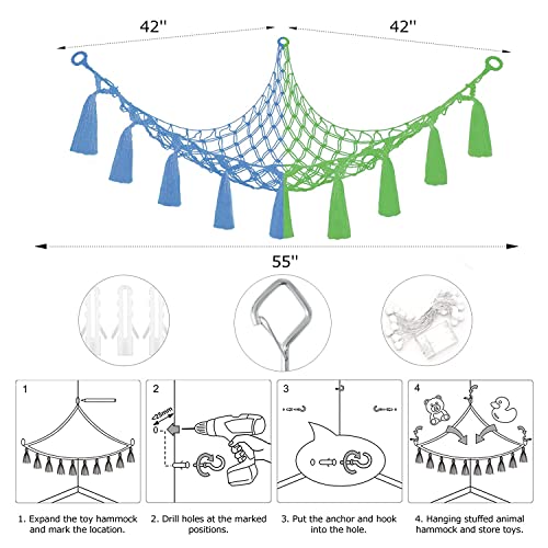 Stuffed Animal Hammock Macrame Boho Plush Toy Net Hammock For Stuffed Animals With Light Pet Net For Stuffed Animals Corner Hanging Stuffed Animal Storage Holder Teddy Bear Net Kids Room (Blue-Green) #TOP6