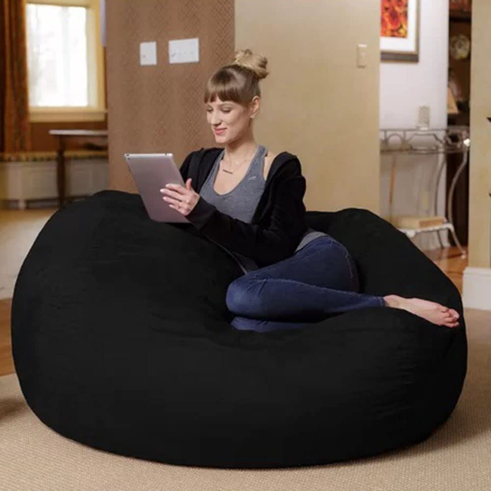 5FT Giant Bean Bag Chair, Fur Bean Bag Cover Lounger Bean Bag Storage Chair Soft Fluffy Fur Bean Bag Sofa Chair Living Room Lazy Sofa Bed Cover No Filler (Color : Black)