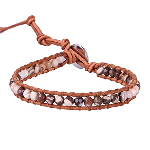 KELITCH Agate Beads Strand Bracelets Leather Wrap Bracelet Handmade Cuff Adjustable Bracelet New 2020 (Chocolate)
