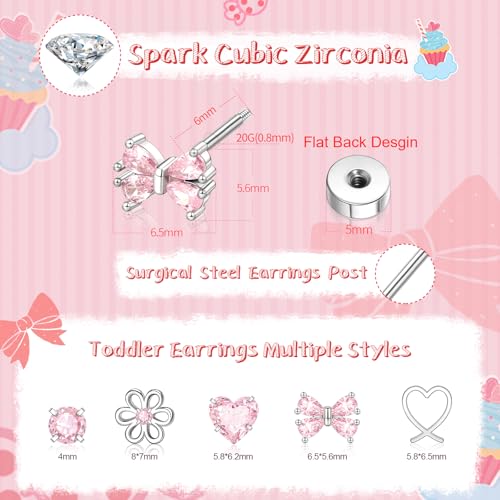 Hypoallergenic Earrings for Girls,Toddler Screw Back Earrings for Kids Baby Women Lightweight Surgical Stainless Steel Cute Pink Bow Butterfly Heart Flower CZ Flat Back Stud Earring for Sensitive Ears2