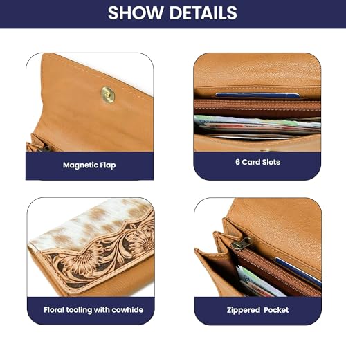Cowhide Leather Wallet for Women – Handcrafted Tooled Sunflower Western Clutch – Hair-On Hide Purse with Snap Closure – Gift for Western Fashion Lovers 6