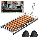 Ferrochef 11 Hot Dog Roller for 10 Hot Dog BBQ Stainless Steel Grill Holder with Handle and Finger Guard Sausage Roller Rack for Evenly Cooked Sausage Kebab BBQ