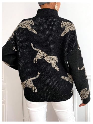 WDIRARA Women's Leopard Tiger Print Sweater High Neck Long Sleeve Fuzzy Knitted Pullover Top2