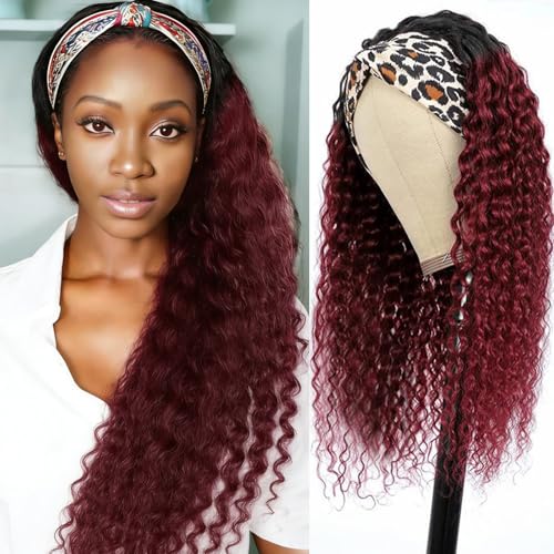 Image of XSY Headband Wig Human Hair 1B /99J Burgundy Deep Wave Headband Wig Red Colored Curly Headband Wig Glueless No Lace Front Wig Brazilian Virgin Human Hair Wigs for Black Women 150% Density 18 Inch
