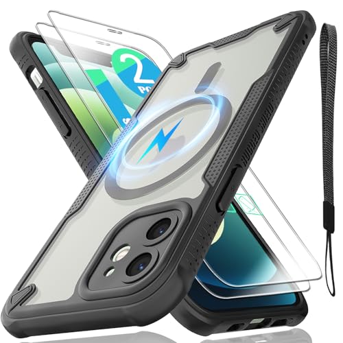 for iPhone 12 Case with Magsafe Magnetic Slim Shockproof Protective Case Translucent Matte Back with Lanyard Strap and 2*9H Tempered Glass Screen Protector Phone Cover 6.1 (Black iPhone 12)