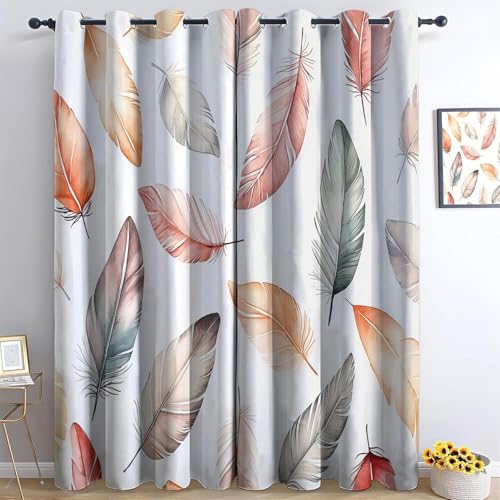 Cortinas Opacas 2 Piezas 100x150 cm con Ojales, Térmicas Aislantes Frío y Calor, Cortinas Estampadas Pluma de Acuarela Bohemio Retro para Ventanas de Dormitorio y Salón A-3092
