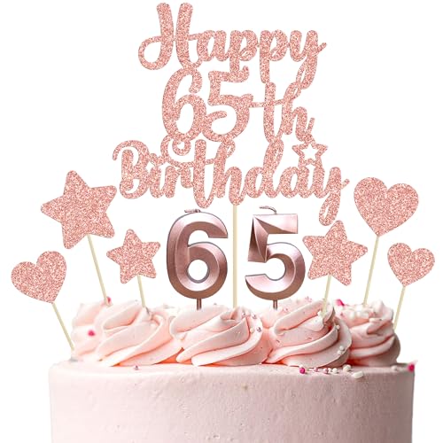 Gyufise 15Pcs Happy 65th Birthday Cake Topper Set with Heart Star Glitter Cheers to 65 Years Cake Picks Number 65 Candles Cake Decorations for Happy 65th Birthday Anniversary Party Supplies Rose Gold