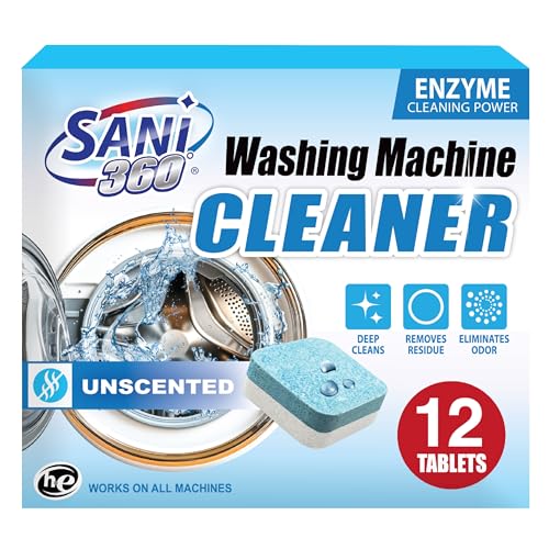 SANI 360° Washing Machine Cleaning tablets, 12 pack is Formulated with Enzyme, Deep Cleans and Deodorizes Front and Top Loading Washers use up to 1-year supply Unscented