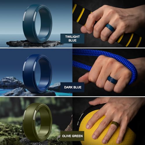 Image of Egnaro Men's Silicone Wedding Rings: Classic Black Step Edge Rubber band 10mm Wide 2.5mm Thick- Hypoallergenic for Gym /Outdoor /Gift(1 /4 /7 Variety Pack with Half Size)