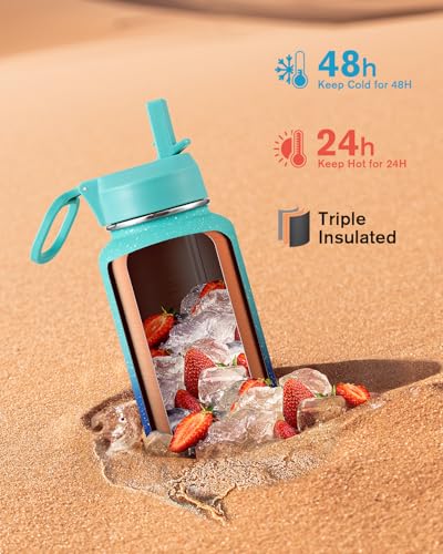 Image of Coolflask 40 oz Water Bottle Insulated with Straw & 3 Leakproof Lids