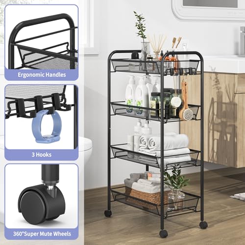 APEXCHASER 4-Tier Rolling Cart,Easy Assemble Mobile Storage Trolley On Wheels,Slide Out Utility Cart Shelving Units Kitchen Bathroom Laundry Room,Black - Image 4
