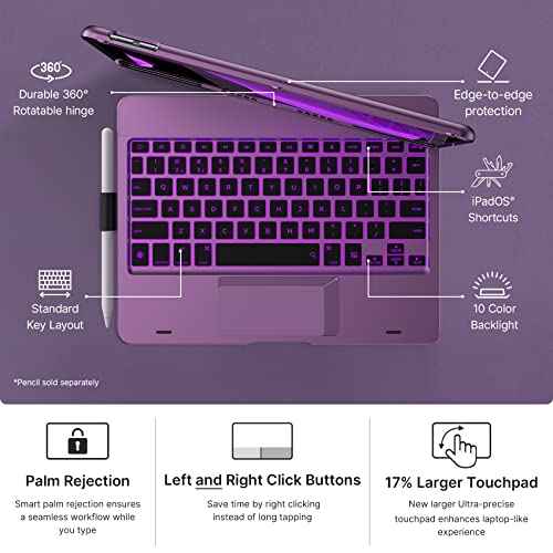 Image of typecase Touch Case with Keyboard for iPad 9th Generation (10.2 inch, 2021), Multi-Touch Trackpad, 10 Color Backlight, 360, Thin & Light - iPad 8th Gen (2020), 7th Gen (2019), Air 3, Pro 10.5 (Violet)