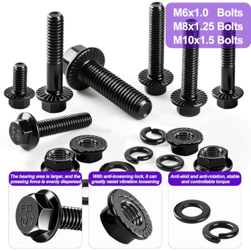 Image of Taiss 400PCS Metric Flange Bolt Assortment Kit,M6x1.0, M8x1.25, M10x1.5 Bolts(12mm to 45mm),Hex Bolts and Nuts Washers Kit,Metric Bolt Assortment for Automotive Fasteners,10.9 Black Zinc Galvanized
