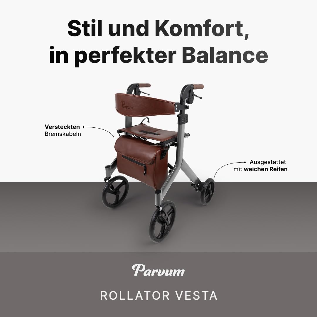 Vesta Rollator - Leicht (6,3kg), faltbar - Mit integriertem Bremssystem, gepolsterter Sitz- und Rückenlehne, Tasche, Stockhalter - Ideal für Alltag - Gehhilfe für Senioren - Silber