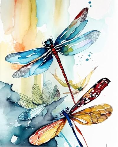 Image of Watercolor Dragonfly Diamond Painting Kits Colorful Insect Art - Adult Crystal Cross Stitch Kits for Room Decor Farm Decor and Gifts - 12x16inch