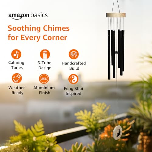 Image of Amazon Basics Decorative Wind Chimes for Balcony, Home & Garden | Pleasant Sound | Handcrafted | Metal Chime for Home Decor & Gifting | Color Black | Material: Aluminum | Size: 76L x 9W x 9H cms