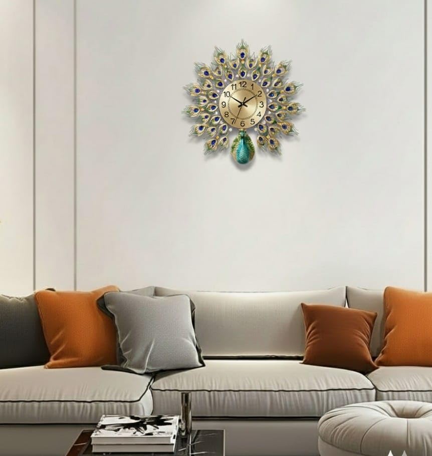 R RUNILEX Peacock European Style Luxury Living Room Analog Clock 3D Diamonds Non-Ticking Silent Creative Personality Metal Large Crystal Quartz Art Wall Decorative (Multi) (Small Peacock Clock) 4