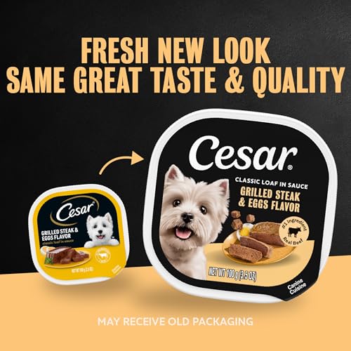 Image of Cesar Classic Loaf Wet Dog Food, Grilled Steak & Eggs, 3.5 oz, 24 Count | Real beef #1 ingredient, made in the USA, 100% complete & balanced, no fillers /added sugar /artificial flavor, easy peel trays