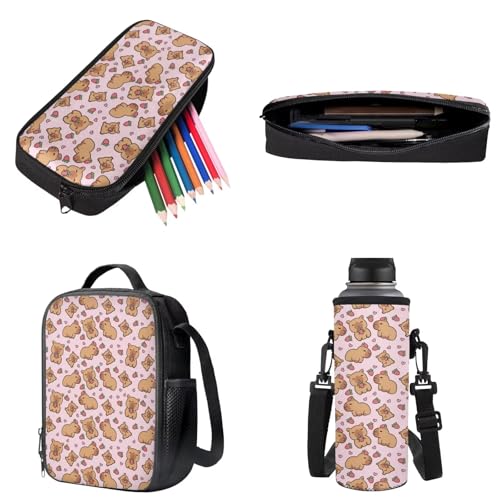 Xoenoiee Capybara Strawberry Pink Pattern 4Pcs School Backpack Set for Kids 17 Inch Large Bookbag with Insulated Lunch Box, Pencil Case, Water Bottle Holder3