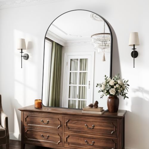 Image of BONEWEI Arched Wall Mirror,55x40 inch Black Arched Mirror Bathroom,Large Vanity Mirror for Over Sink Metal Frame,Tempered Glass Arch Mirrors for Bedroom,Entryway,Living Room,Home Decor Shatter-Proof