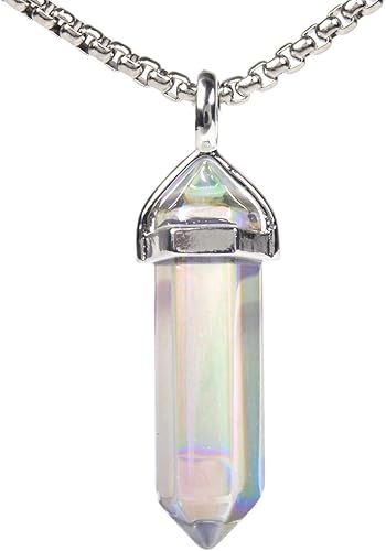 Justinstones Collar de cadena de acero inoxidable con colgante hexagonal de chakra de Reiki puntiagudo, caja de regalo de hierro de 20 pulgadas