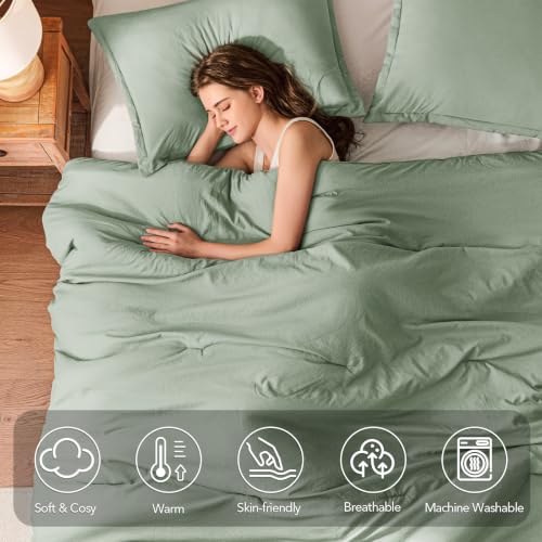 Image of King Comforter Set Prewashed Lightweight Quilted Bedding for All Season | 3PCS Sage Green Breathable Down Alternative Bedding Set with 1 Solid Comforter (104 inchx90 inch) and 2 Soft Pillowcases
