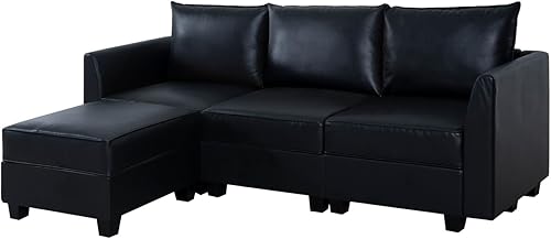 Miniatura 7 de Naomi Home Elizabeth - Sofá modular modular con almacenamiento en forma de L, sofá modular de 4 plazas para sala de estar, negro, cuero de aire
