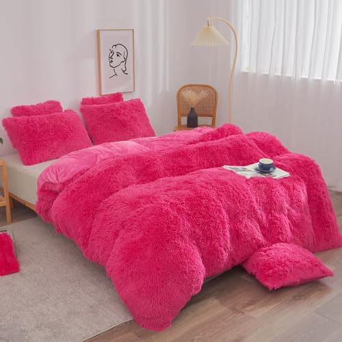 Image of XeGe Plush Faux Fur Duvet Cover Queen Size, Luxury Shaggy Fluffy Hot Pink Comforter Cover 1 PC, Soft Furry Fuzzy Velvet Bedding with Zipper Closure for Bedroom (Queen, Hot Pink)
